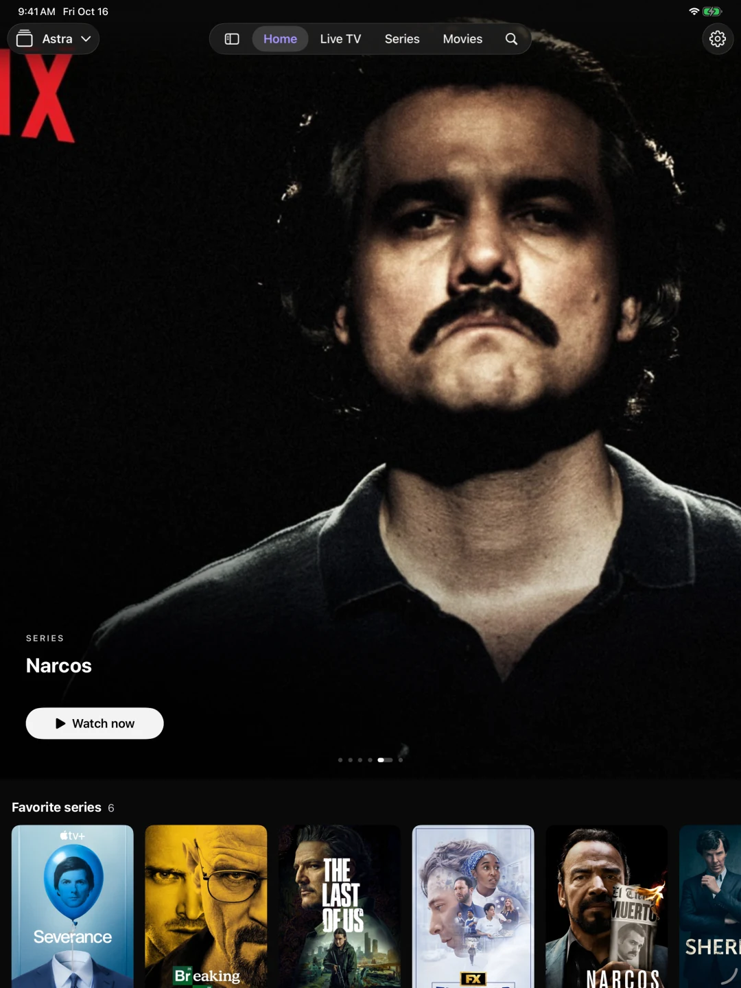 Astra on iPad, featuring Narcos and a library of real example shows.