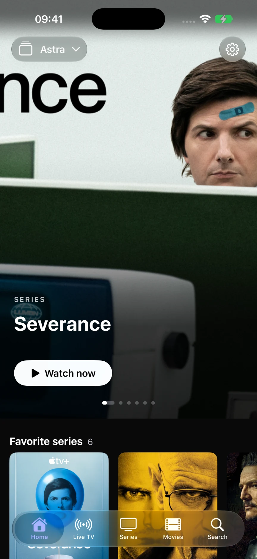 Astra on iPhone, featuring Severance and a library of real example shows.