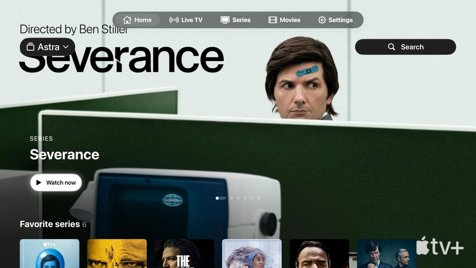 Astra on Apple TV, featuring Severance and a library of real example shows.