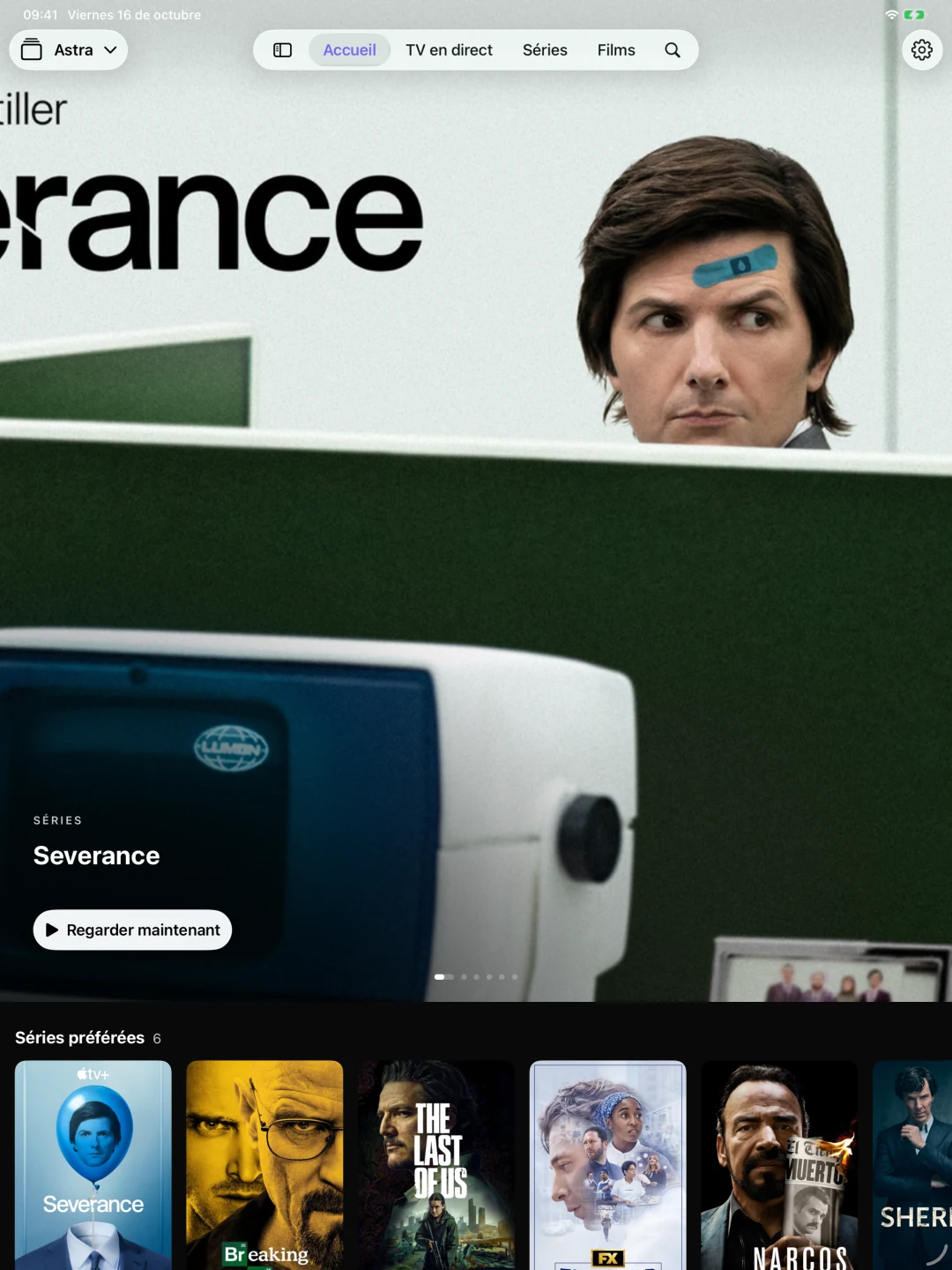 Astra sur iPad, avec Severance en vedette et une bibliothèque de séries réelles à titre d’exemple.