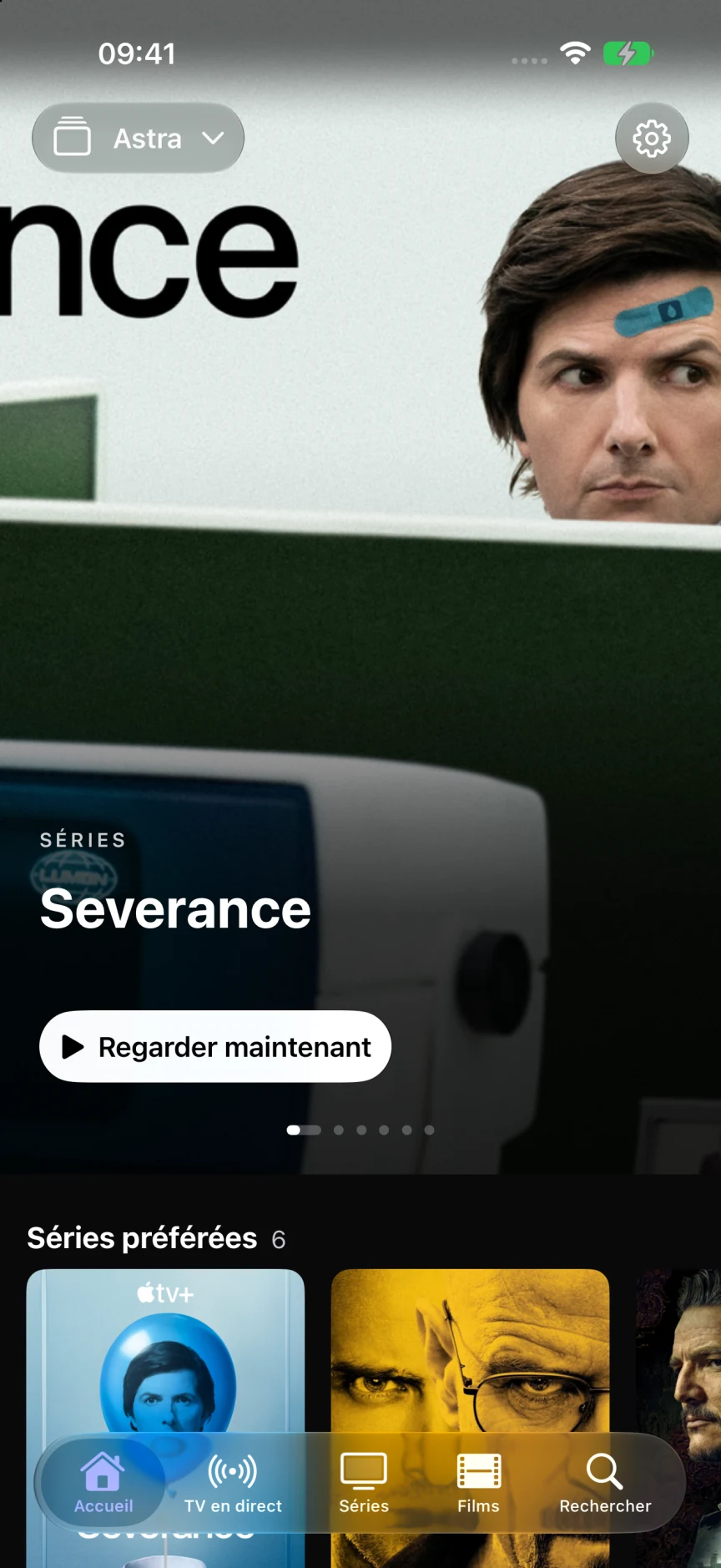 Astra sur iPhone, avec Severance en vedette et une bibliothèque de séries réelles à titre d’exemple.