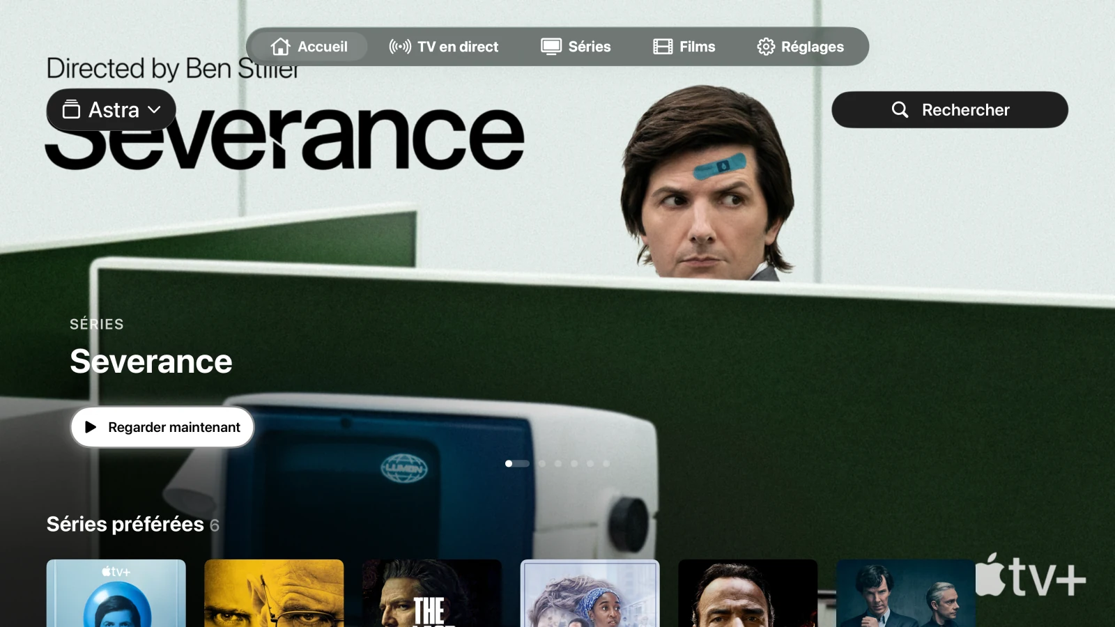 Astra sur Apple TV, avec Severance en vedette et une bibliothèque de séries réelles à titre d’exemple.