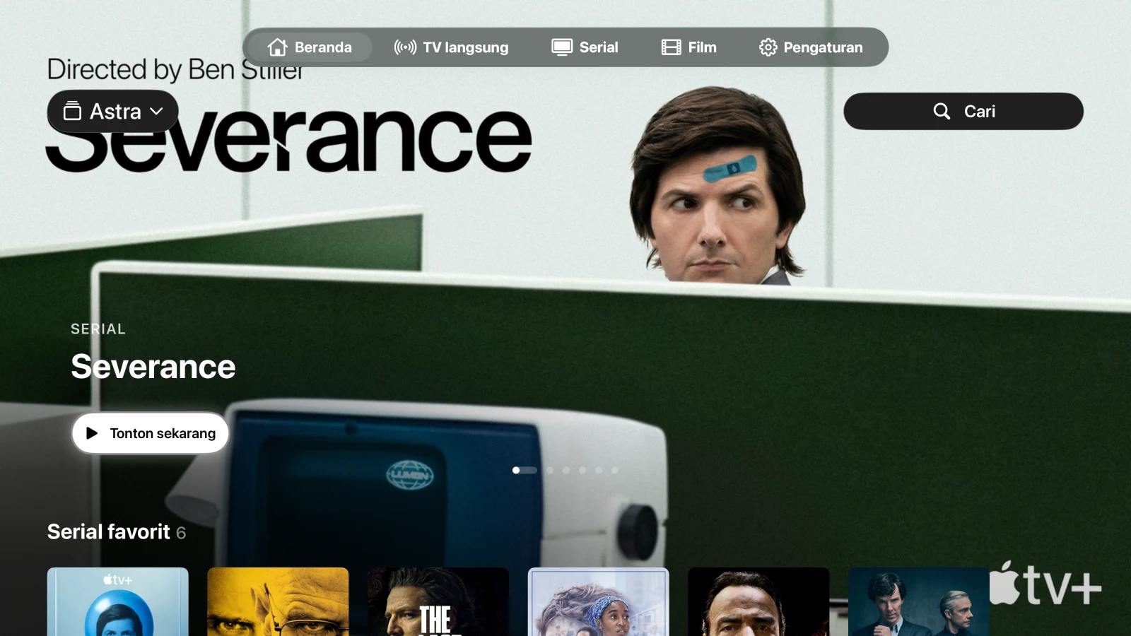 Astra di Apple TV, menampilkan Severance dan koleksi serial nyata sebagai contoh.