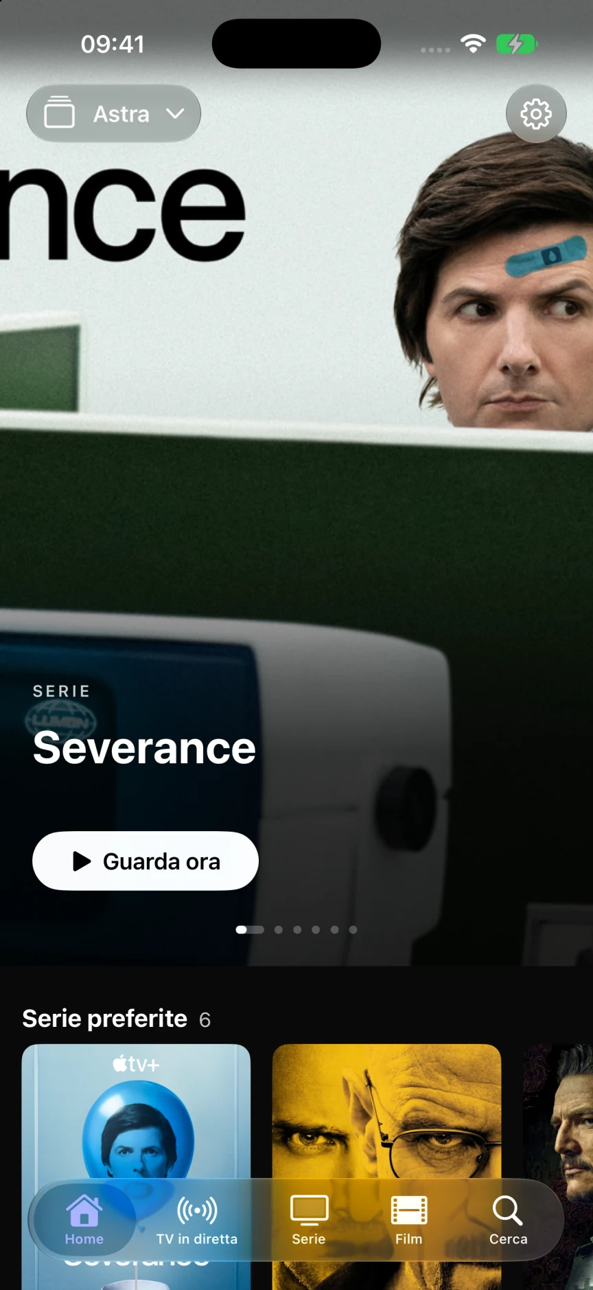 Astra su iPhone, con Severance in evidenza e una libreria di serie reali di esempio.