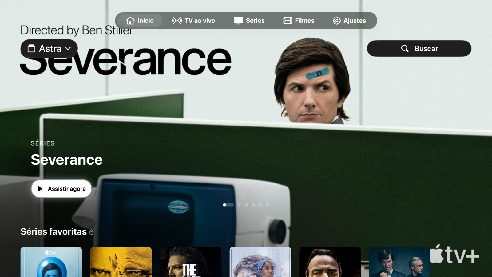 Astra no Apple TV, com Severance em destaque e uma biblioteca de séries reais de exemplo.